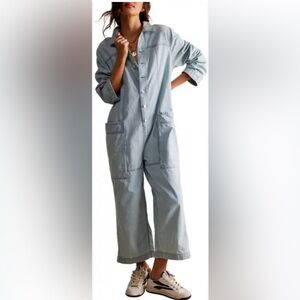 Free people Light Wash Denim Button-Front jumpsuit